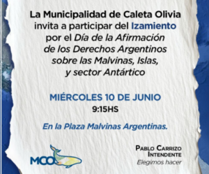 CALETA OLIVIA: LA MUNICIPALIDAD INVITA A LA COMUNIDAD AL ACTO POR LA SOBERANÍA NACIONAL