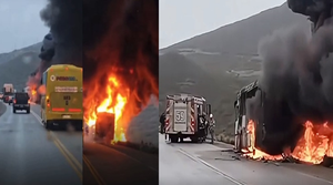VIDEOS: SE INCENDIÓ POR COMPLETO UN ÓMNIBUS DE TRANSPORTE PETROLEROS SOBRE LA RUTA NACIONAL 26